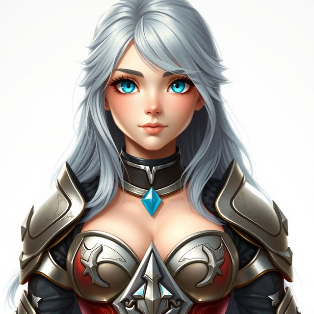 A cute and gorgeous European cleric girl with bright turquoise eyes and long ash grey hair, featuring a diamond-shaped, kind, shy, and caring face