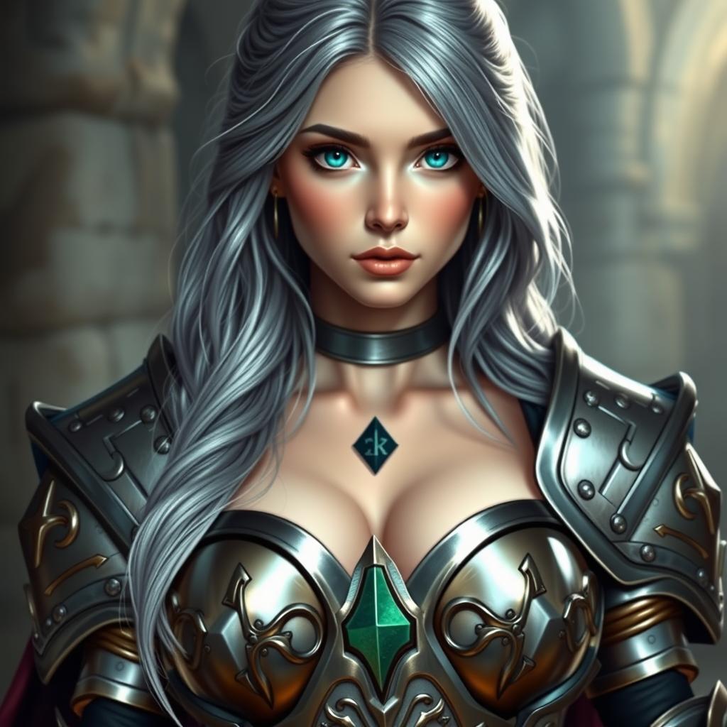 A stunningly beautiful European cleric girl with bright turquoise eyes and long ash grey hair