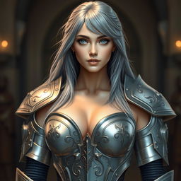 A stunningly beautiful European cleric girl with bright turquoise eyes and long ash grey hair
