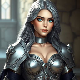 A stunningly beautiful European cleric girl with bright turquoise eyes and long ash grey hair