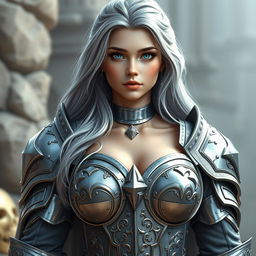 A stunningly beautiful European cleric girl with bright turquoise eyes and long ash grey hair