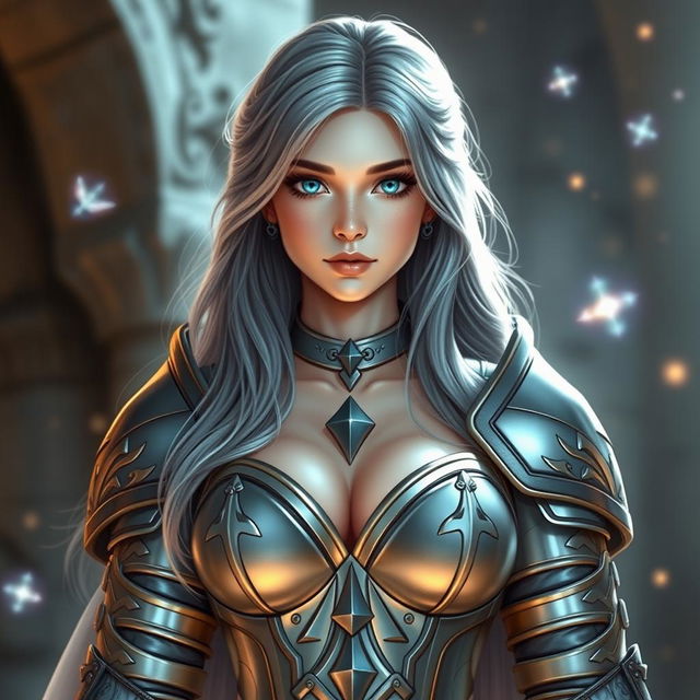 A gorgeous European cleric girl with bright turquoise eyes and long ash grey hair