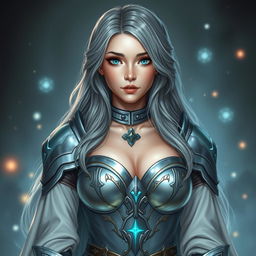 A gorgeous European cleric girl with bright turquoise eyes and long ash grey hair