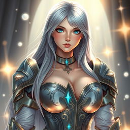 A gorgeous European cleric girl with bright turquoise eyes and long ash grey hair