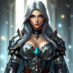 A gorgeous European cleric girl with bright turquoise eyes and long ash grey hair