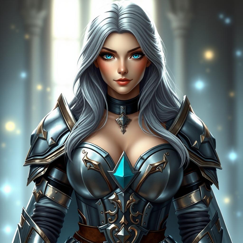 A gorgeous European cleric girl with bright turquoise eyes and long ash grey hair