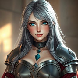 A kind and gorgeous European cleric girl with bright turquoise eyes and long ash grey hair, featuring a diamond-shaped face that is both beautiful and shy