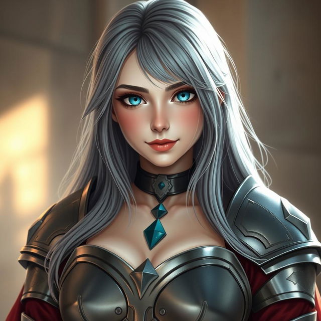 A kind and gorgeous European cleric girl with bright turquoise eyes and long ash grey hair, featuring a diamond-shaped face that is both beautiful and shy