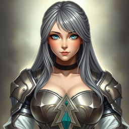 A kind and gorgeous European cleric girl with bright turquoise eyes and long ash grey hair, featuring a diamond-shaped face that is both beautiful and shy
