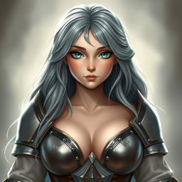 A kind and gorgeous European cleric girl with bright turquoise eyes and long ash grey hair, featuring a diamond-shaped face that is both beautiful and shy