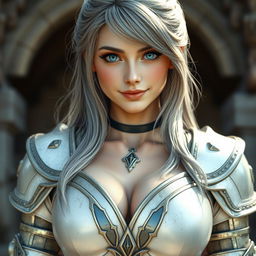 A very busty, gorgeous European cleric girl with bright turquoise eyes and long ash grey hair