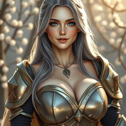 A very busty, gorgeous European cleric girl with bright turquoise eyes and long ash grey hair