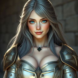 A very busty, gorgeous European cleric girl with bright turquoise eyes and long ash grey hair