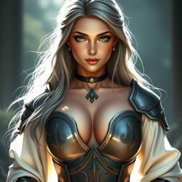 A very busty, gorgeous European cleric girl with bright turquoise eyes and long ash grey hair