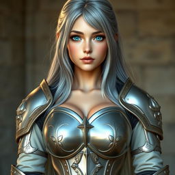 A very busty, kind and shy European cleric girl with bright turquoise eyes and long ash grey hair