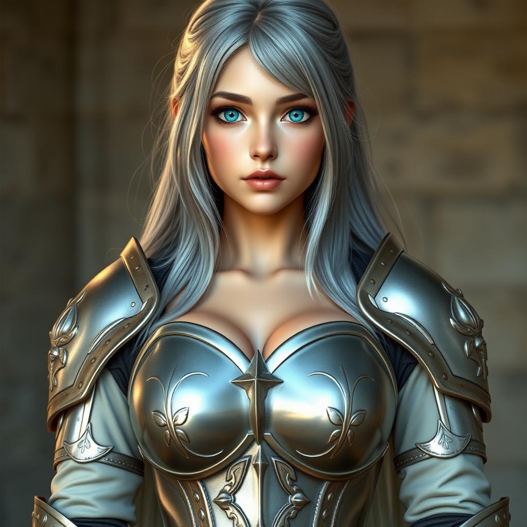 A very busty, kind and shy European cleric girl with bright turquoise eyes and long ash grey hair