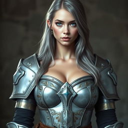 A very busty, kind and shy European cleric girl with bright turquoise eyes and long ash grey hair