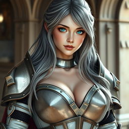 A very busty, kind and shy European cleric girl with bright turquoise eyes and long ash grey hair