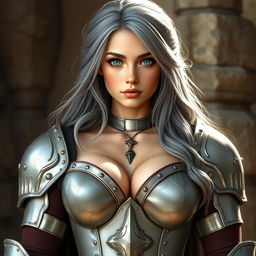 A very busty, kind and shy European cleric girl with bright turquoise eyes and long ash grey hair