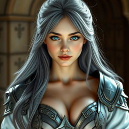 A stunningly beautiful European cleric girl with a diamond-shaped face that radiates kindness and shyness