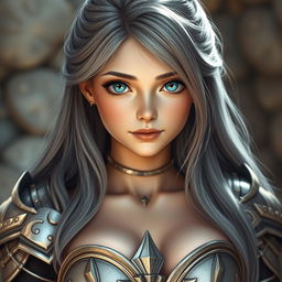 A stunningly beautiful European cleric girl with a diamond-shaped face that radiates kindness and shyness