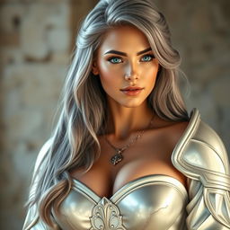 A very busty and gorgeous European cleric girl with bright turquoise eyes and long ash grey hair, featuring a diamond-shaped, kind and caring face