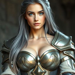 A very busty and gorgeous European cleric girl with bright turquoise eyes and long ash grey hair, featuring a diamond-shaped, kind and caring face