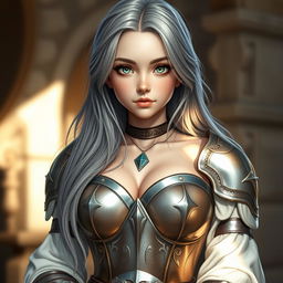 A very busty, kind and shy cute European cleric girl with bright turquoise eyes and long ash grey hair