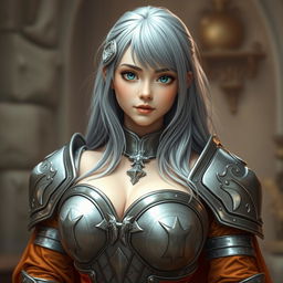 A very busty, kind and shy cute European cleric girl with bright turquoise eyes and long ash grey hair