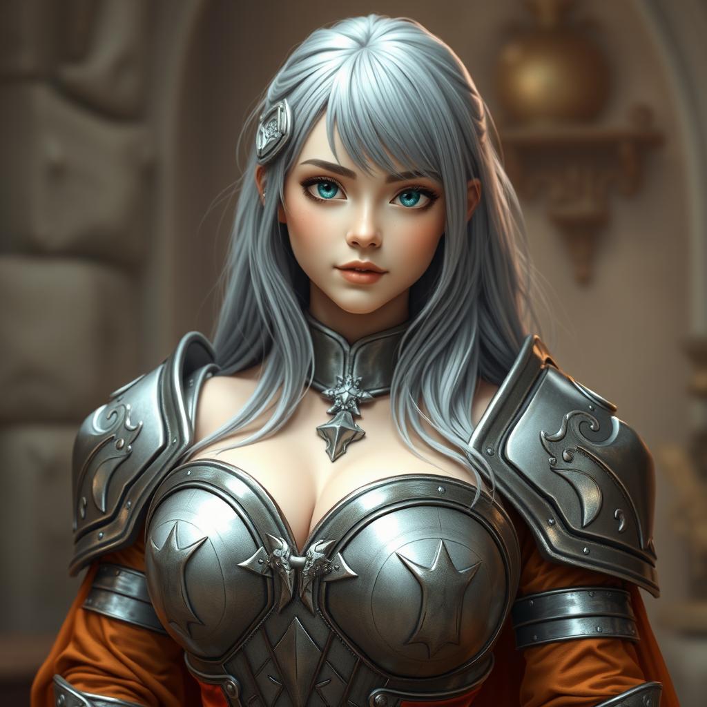 A very busty, kind and shy cute European cleric girl with bright turquoise eyes and long ash grey hair