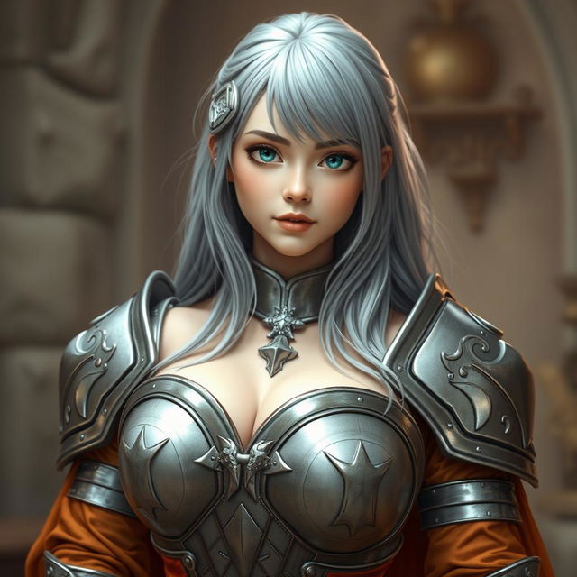 A very busty, kind and shy cute European cleric girl with bright turquoise eyes and long ash grey hair