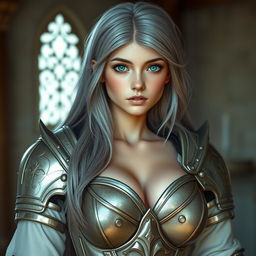 A very busty, kind and shy cute European cleric girl with bright turquoise eyes and long ash grey hair