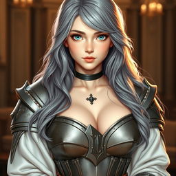 A very busty, kind and shy cute European cleric girl with bright turquoise eyes and long ash grey hair