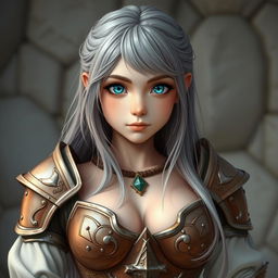 A very busty and cute European cleric girl with bright turquoise eyes and long ash grey hair