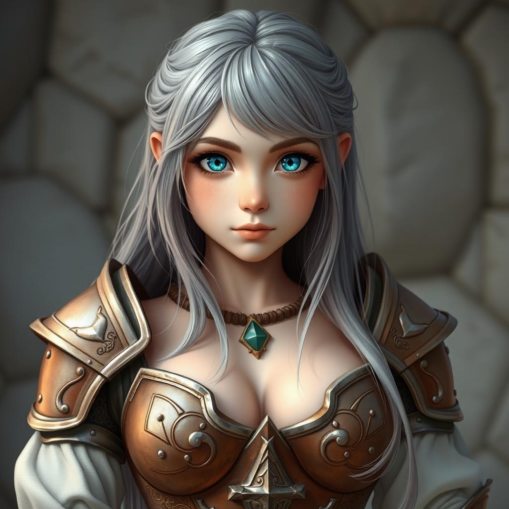 A very busty and cute European cleric girl with bright turquoise eyes and long ash grey hair