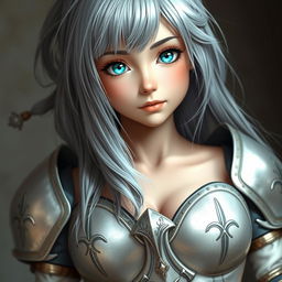 A very busty and cute European cleric girl with bright turquoise eyes and long ash grey hair
