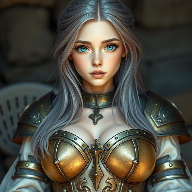 A very busty and cute European cleric girl with bright turquoise eyes and long ash grey hair