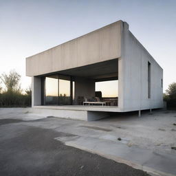 Exterior view of an industrial minimalist house featuring exposed concrete