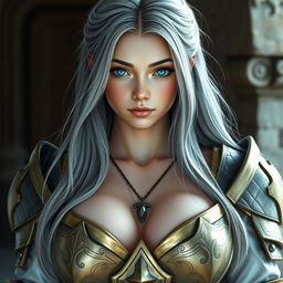 A very busty and cute European cleric girl with bright turquoise eyes and long ash grey hair
