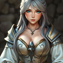 A very busty, cute European cleric girl with bright turquoise eyes and long ash grey hair