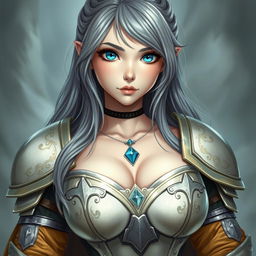 A very busty, cute European cleric girl with bright turquoise eyes and long ash grey hair