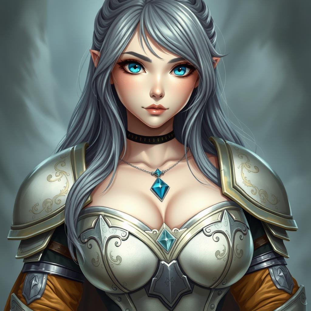 A very busty, cute European cleric girl with bright turquoise eyes and long ash grey hair