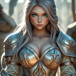 A very busty, cute European cleric girl with bright turquoise eyes and long ash grey hair