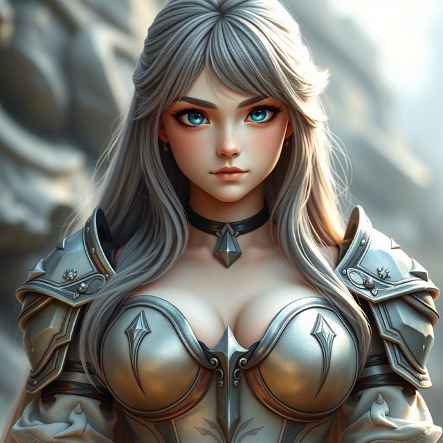 A very busty, cute European cleric girl with bright turquoise eyes and long ash grey hair