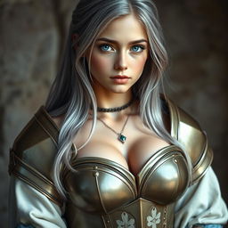 A realistic photograph of a very busty, kind and shy European cleric girl, with bright turquoise eyes and long, ash grey hair