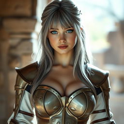 A realistic photograph of a very busty, kind and shy European cleric girl, with bright turquoise eyes and long, ash grey hair