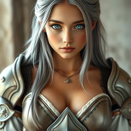 A realistic photograph of a very busty, kind and shy European cleric girl, with bright turquoise eyes and long, ash grey hair