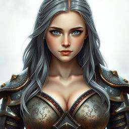 A realistic photograph of a very busty, kind and shy European cleric girl, with bright turquoise eyes and long, ash grey hair