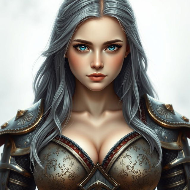 A realistic photograph of a very busty, kind and shy European cleric girl, with bright turquoise eyes and long, ash grey hair
