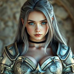 A realistic photo of a very busty, shy, and cute European cleric girl